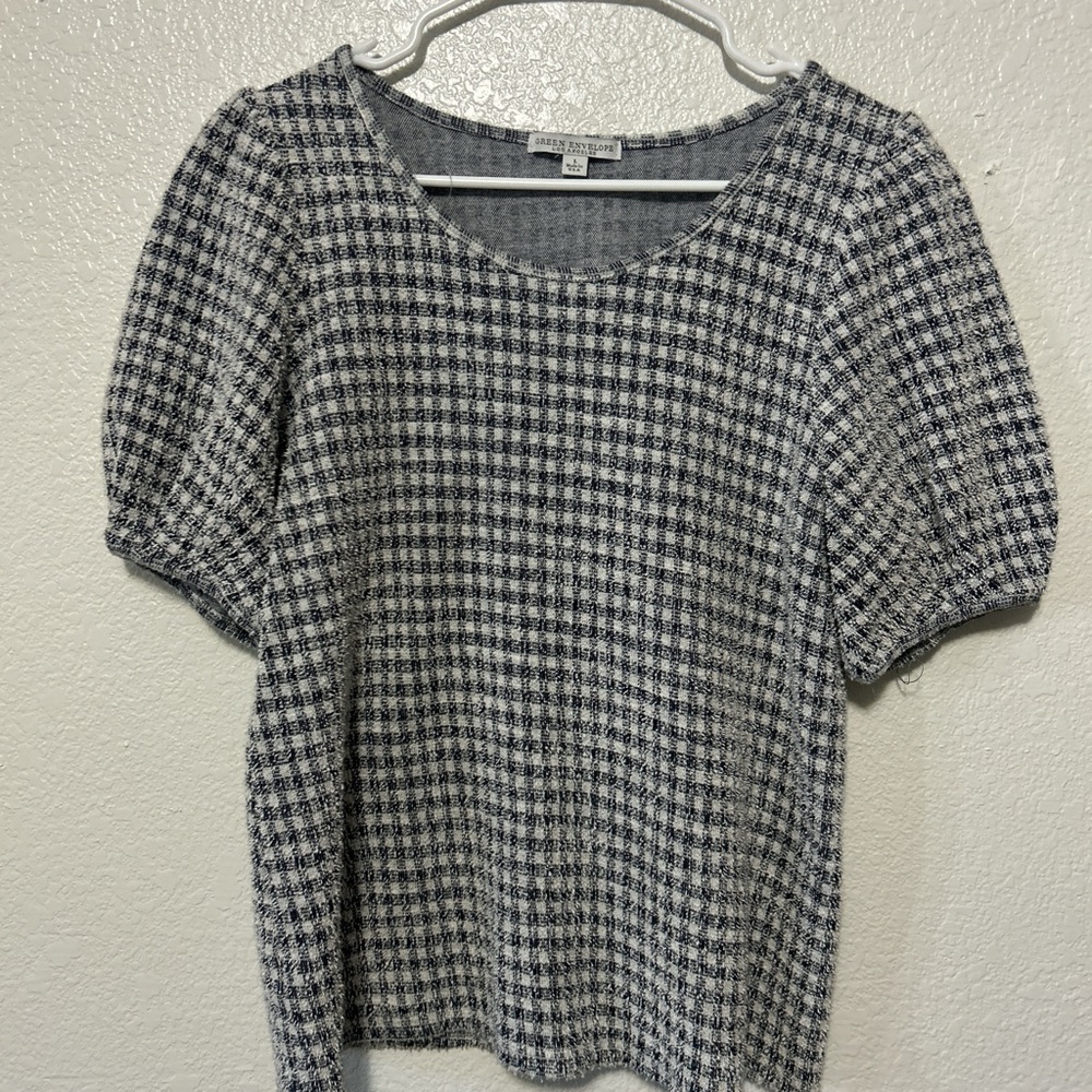 Green Envelope Black and White Puff Sleeve Blouse